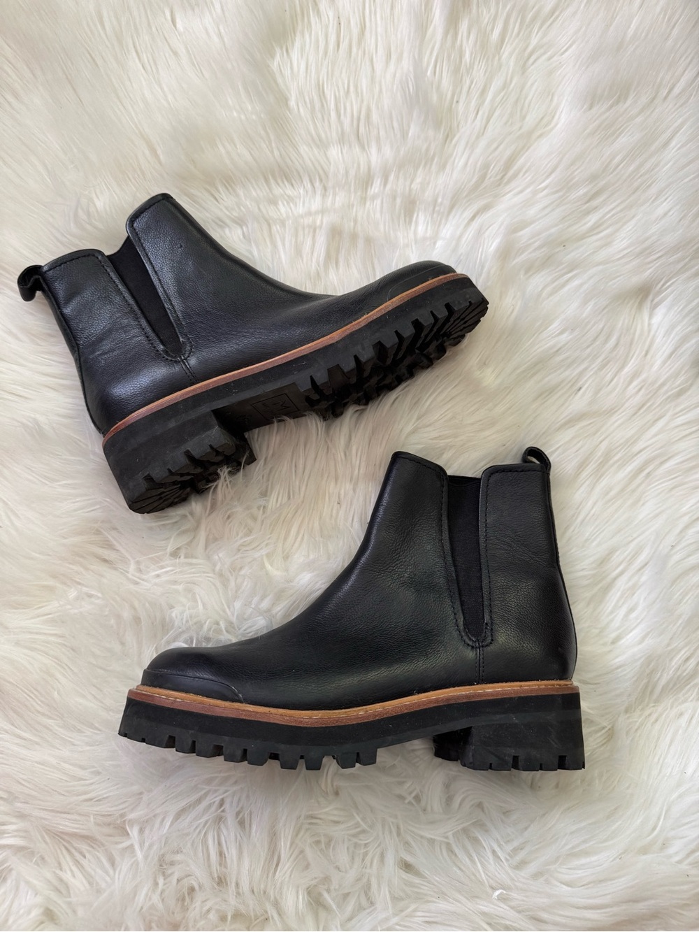 Marc Fisher Black Leather Chelsea Ilora Lug Sole Ankle Boots with Brown Welt